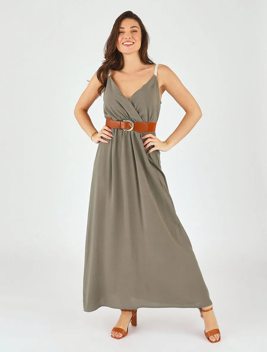 Robe longue unie à bretelles fantaisies - Kaki