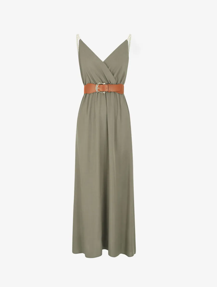 Robe longue unie à bretelles fantaisies - Kaki