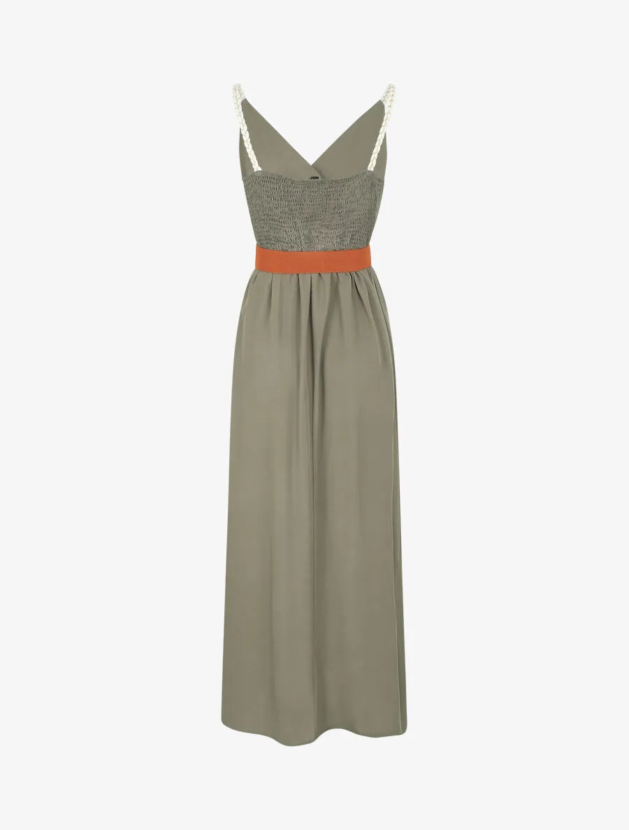 Robe longue unie à bretelles fantaisies - Kaki